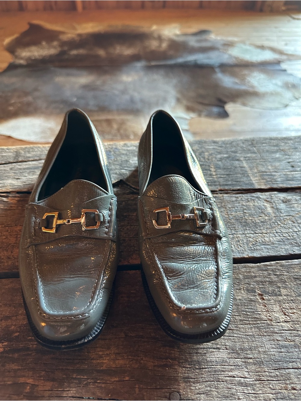 Gucci Woman’s Dark Gray Patent Leather Horsebit Loafers